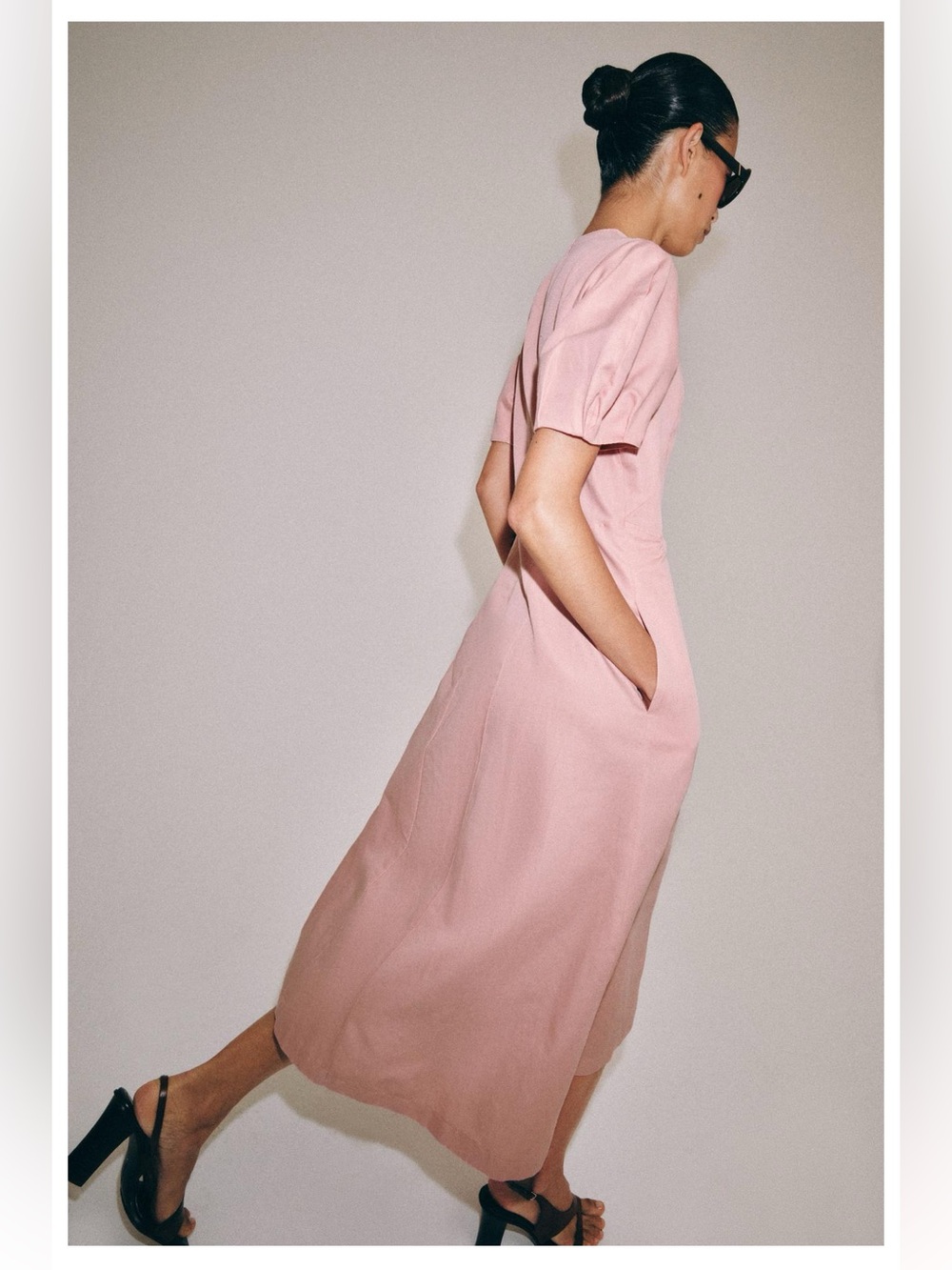 Zara Light Pink Puff Sleeve A-Line Linen blend midi Dress#22929 - Picture 4 of 9